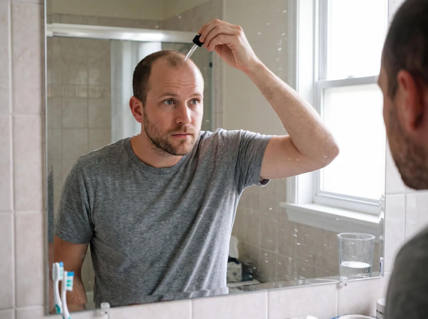 Patient applying a topical hair-loss treatment at the mirror