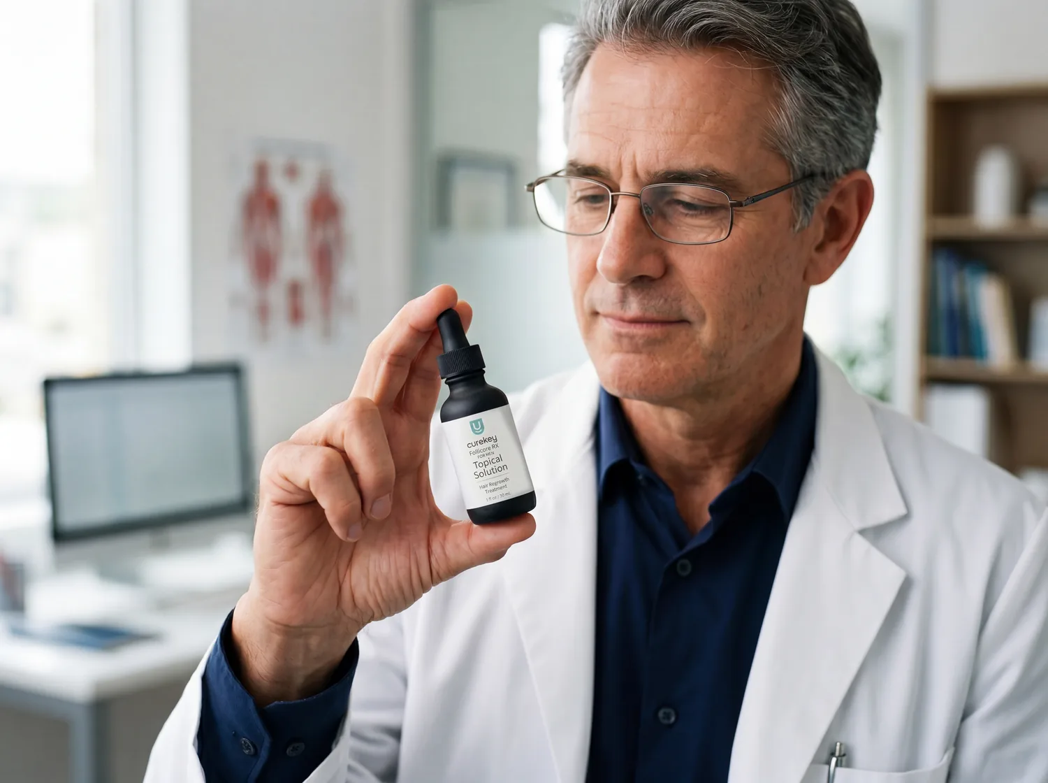 Clinician inspecting a prescription topical solution