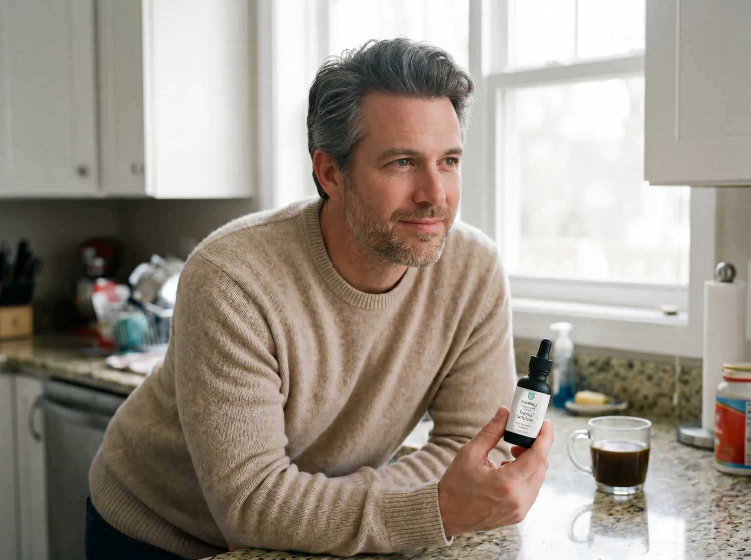 Adult in the golden-hour outdoors, hair-loss treatment context
