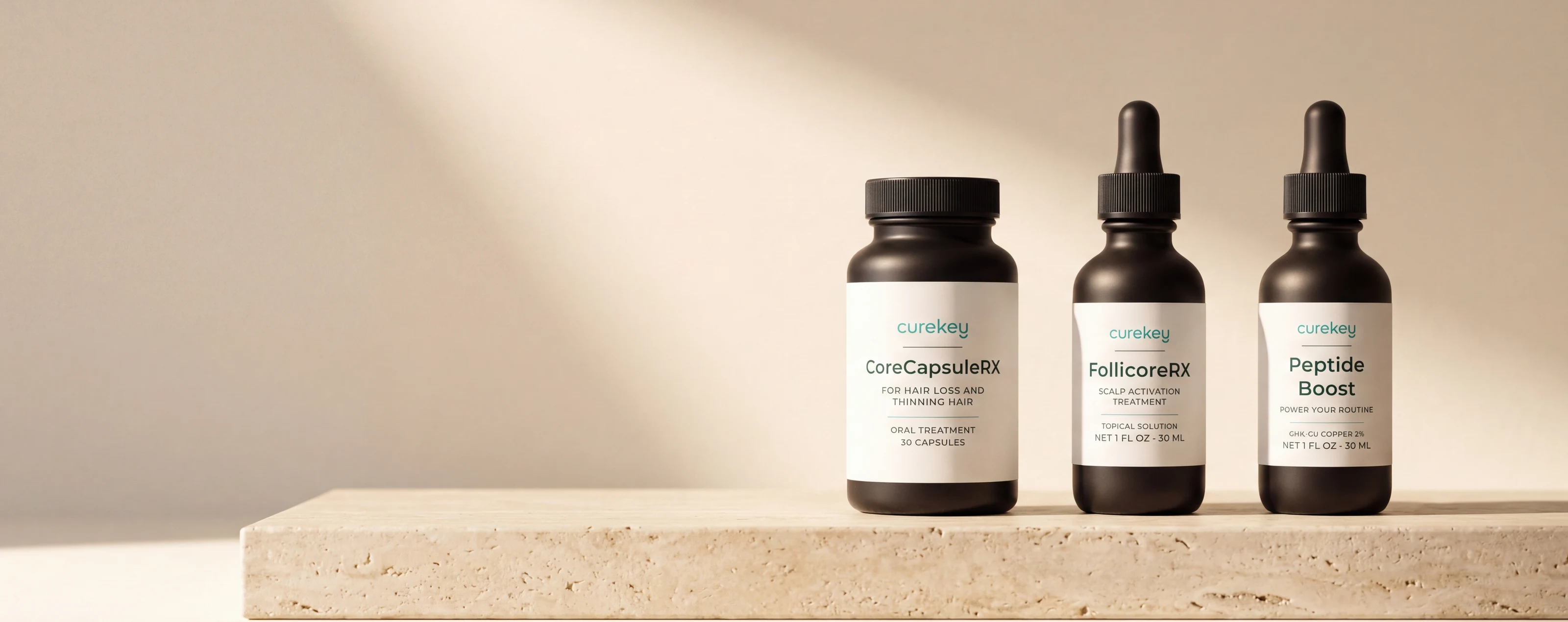 CoreCapsuleRX, FollicoreRX and Peptide Boost side by side on a travertine plinth